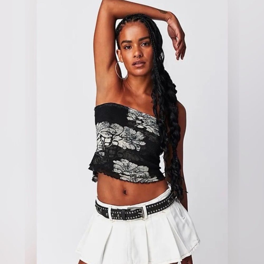 Free People Poppy Tube Top in black and white floral print.